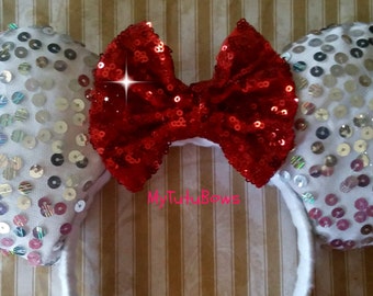 Minnie Mouse Ears Headband Silver Sequin Ears with Red Sequin Bow Shimmering Sparkle Fabric Fits Adult and Children
