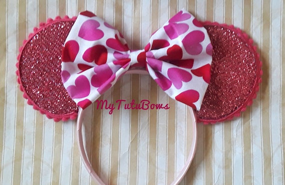 RED Sparkle MINNIE MOUSE EARS Valentine/'s Day Headband Shimmer Bow Mickey LOVE