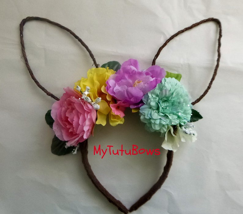 New EASTER BUNNY Ears Headband Bendable Brown Ears with Flowers Floral Crown Soft Headband Fits Adults and Children Egg Hunt Rustic image 1