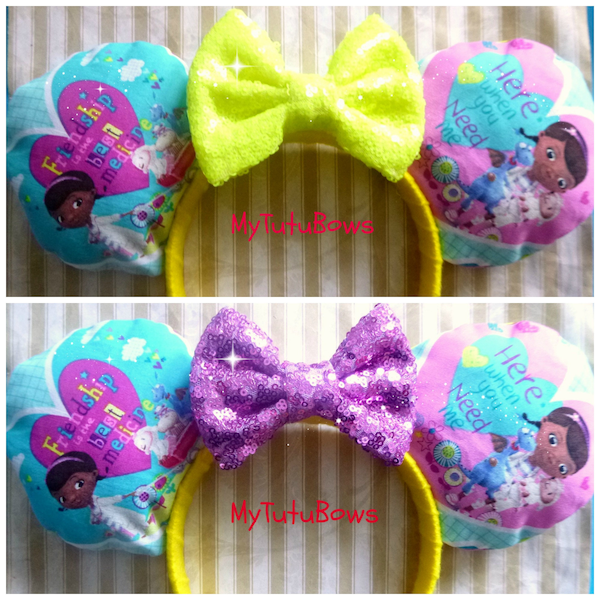 NEW Minnie Mouse Ears Headband Toy Doctor Fabric Ears with Lilac Yellow Sequin Bow Choose Your Own Bow Color Fits Adults n Children Glitter