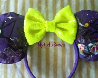 NEW HALLOWEEN Minnie Mouse Ears Headband Purple Fabric Jack Sally with Neon Yellow Sequin Bow Fits Adults and Children