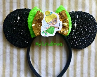 New MINNIE MOUSE EARS Headband Black Shimmering Ears with Double Gold Green Sequin Bow Fits Adults and Children Tinkerbell Inspired Glitter