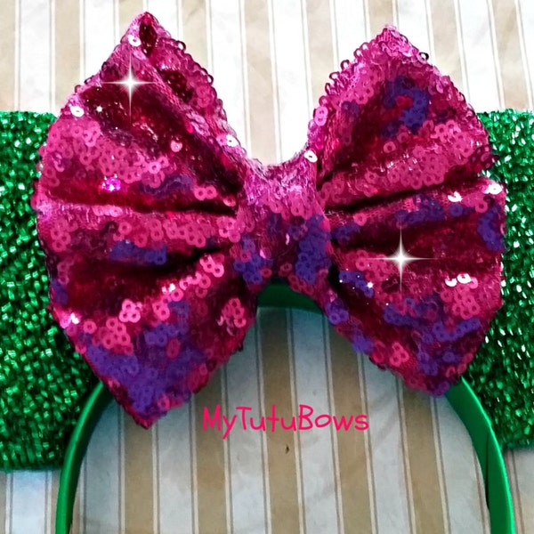 READY TO SHIP Minnie Mouse Ears Headband Emerald Green Shimmering Sparkle Ears with Hot Pink Fuchsia Sequin Bow Fits Adults and Children