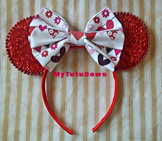 RED Sparkle MINNIE MOUSE EARS Valentine/'s Day Headband Shimmer Bow Mickey LOVE