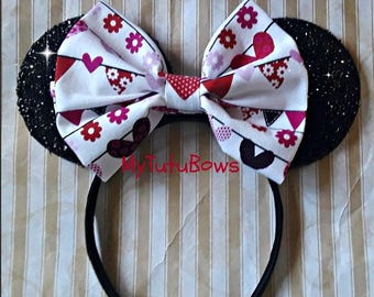 Valentines Day Minnie Mouse Ears Headband Black Shimmering Ears with Big Hearts Fabric Bow Fits Adults and Children Ready to Ship Sequin Red