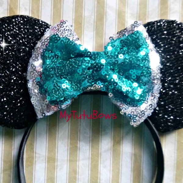 READY to SHIPMinnie Mouse Ears Headband Black Shimmering Ears with Double Turquoise and Silver Sequin Bow Fits Adults and Children