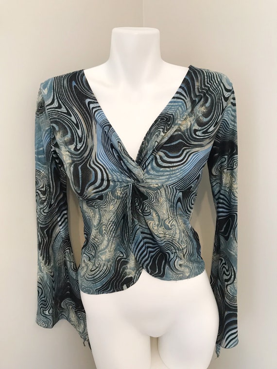 Whimsical Butterfly Sleeve Swirly Teal Blouse