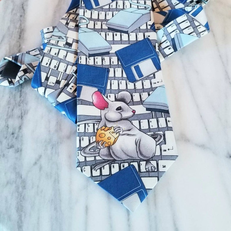 Mouse and Key Board Vintage Techie Computer Mouse and Cheese Addiction Neck Tie with Floppy Disk