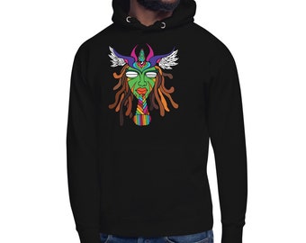 Peut inclure: Sweat à capuche noir avec un graphisme coloré d'un visage à la peau verte, des dreadlocks marron et une tresse arc-en-ciel. Le visage a des ailes blanches et un troisième œil. Le sweat à capuche a une capuche à cordon et des manches longues.