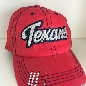 TEXANS Bling Hat - Distressed Trucker Cap- Texans Football - Swarovski Rhinestones