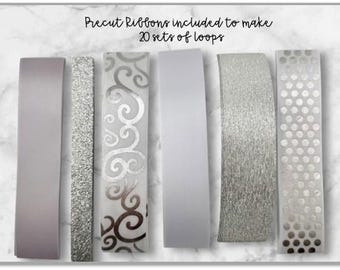 DIY Loopy Loop Chain Ribbon Kit - Homecoming Mum - Silver, Gray, and White Imprint Ribbon