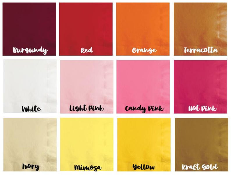 May include: A collection of square paper napkins in various colors, including burgundy, red, orange, terracotta, white, light pink, candy pink, hot pink, ivory, mimosa, yellow, and kraft gold. Each napkin has a color name printed in a handwritten style.