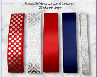 DIY Loopy Loop Chain Ribbon Kit - Homecoming Mum - Red, Navy Blue and Silver Imprint Ribbon