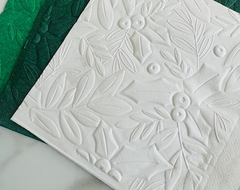 Christmas Holly Leaves Floral Napkin ~ Embossed Paper Napkins ~ Winter Wedding ~ Christmas Party ~ Flower ~ Beverage ~ Cake ~ Dessert ~ Bar