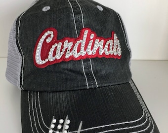 Gorra de camionero desgastada de los Cardenales de Arizona - Gorra de béisbol con cristales Swarovski