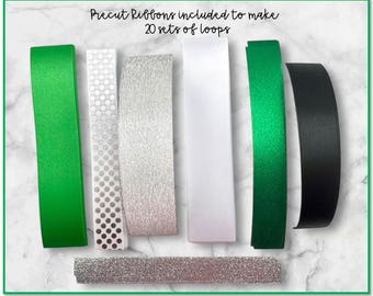 DIY Loopy Loop Chain Ribbon Kit - Homecoming Mum - Green and Silver Imprint Ribbon