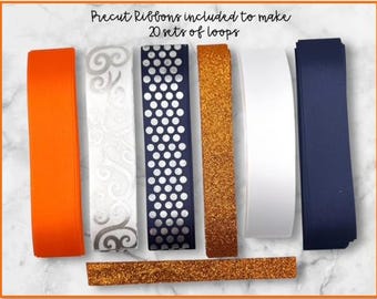 DIY Loopy Loop Chain Ribbon Kit - Homecoming Mum - Navy, Orange and Silver Imprint Ribbon