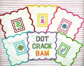 Embroidered Scalloped Mahjong Tiles Linen Cocktail Napkins