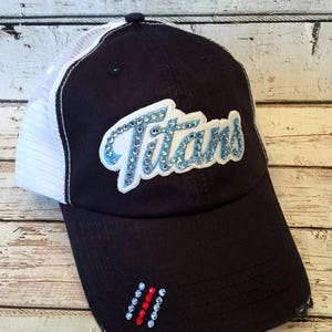 TITANS Bling Hat - Distressed Trucker Cap- Titans Football - Czech Crystal Rhinestones