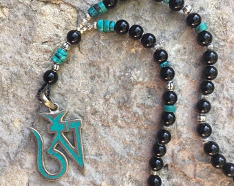 Turquoise Om Necklace | Tibetan Pendant | Black Jasper Necklace