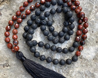 Red Jasper Mala Necklace | 8mm Lava Stone Meditation Beads | Traditional 108 Prayer Beads