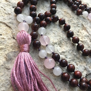 Rosewood Mala with Rose Quartz | 8mm Quartz Prayer Beads | Traditional 108 Bead Meditation Necklace