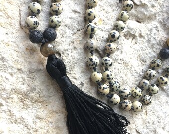 Dalmatian Jasper Mala Necklace | Traditional 108 Prayer Beads | 8mm Stone Meditation Beads