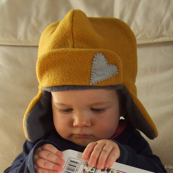 Christmas Winter Hat with ear flaps For Kids in Mustard Yellow and Grey Christmas Gift