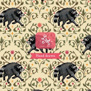 May include: A repeating pattern on a cream background featuring illustrated gray raccoons, green swirling vines, small red flowers, and yellow stars. A pink rectangular overlay displays the white text LM Letters from Mal and Hand drawn.