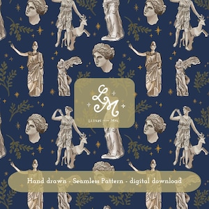 May include: A seamless digital pattern on a dark blue background featuring hand-drawn illustrations of classical Greek statues, busts, and leafy branches with gold stars. The center includes a logo with the text Letters from Mal.