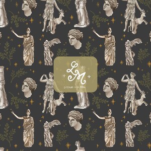 May include: A dark gray fabric pattern featuring repeating illustrations of classical Greek statues, including busts and full-length figures, interspersed with green leafy branches and gold stars. A central tan rectangle displays the text LM Letters from Mal.