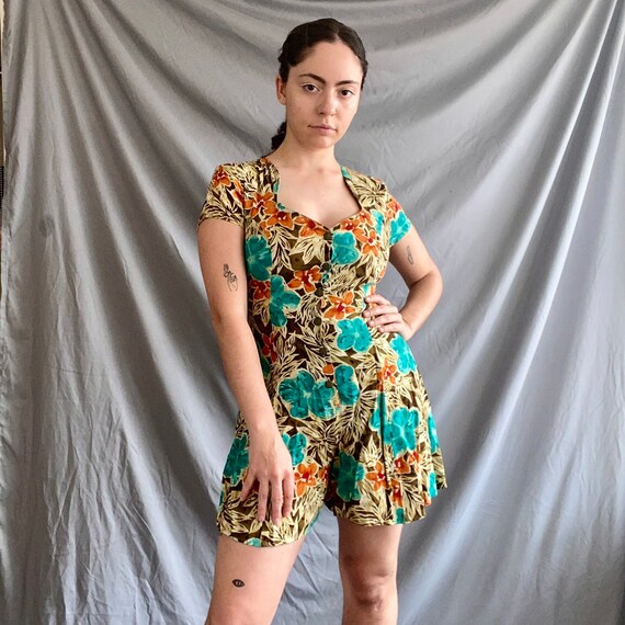 Large 80s Skort Pink and White Jumper with Pockets Vintage Floral Shorts Romper