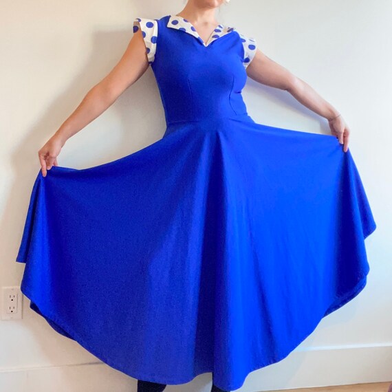 80s Vintage Blue Dress w/ Polka Dots - image 3