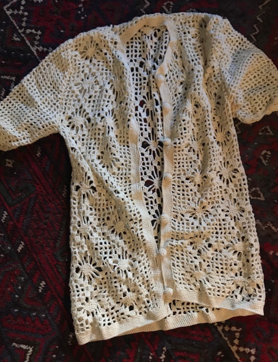 Vintage crochet long cream ecru cardigan - short s