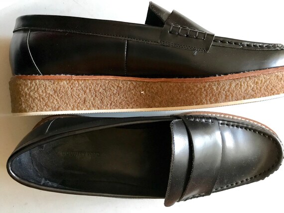 Womens slip on black leather platform loafers
