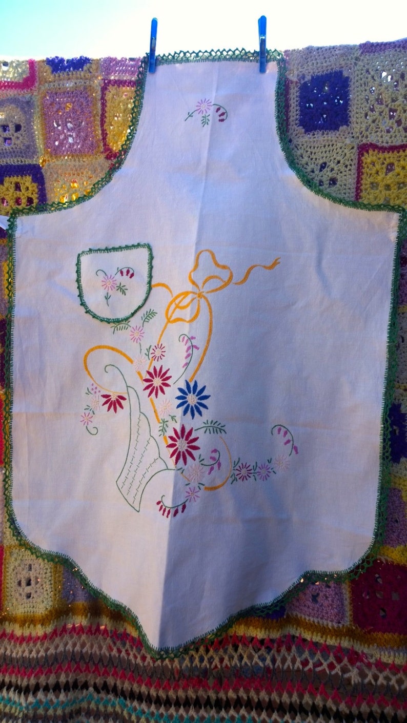 Vintage Linen Apron Handmade and Hand Embroidered Perfect Etsy