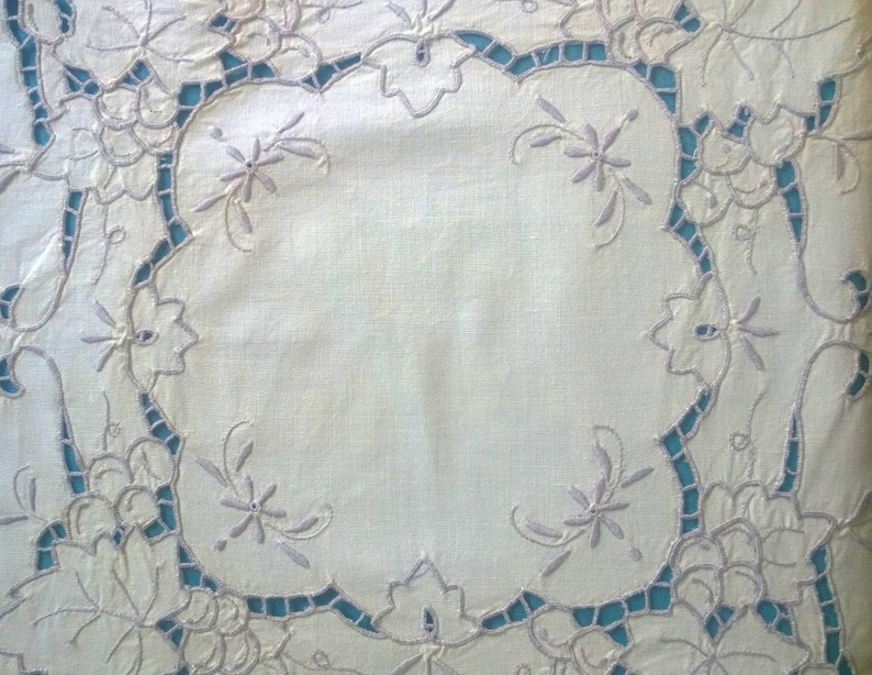 Vintage Linen Antique Cream Square embroidered tablecloth