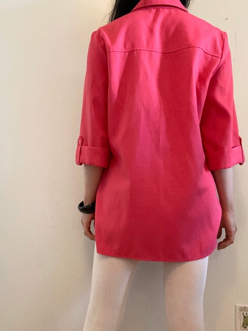 medium bright button-up t-shirt oversized dress vintage - 90s fuchsia pink blouson dress shirt slouchy fushia top