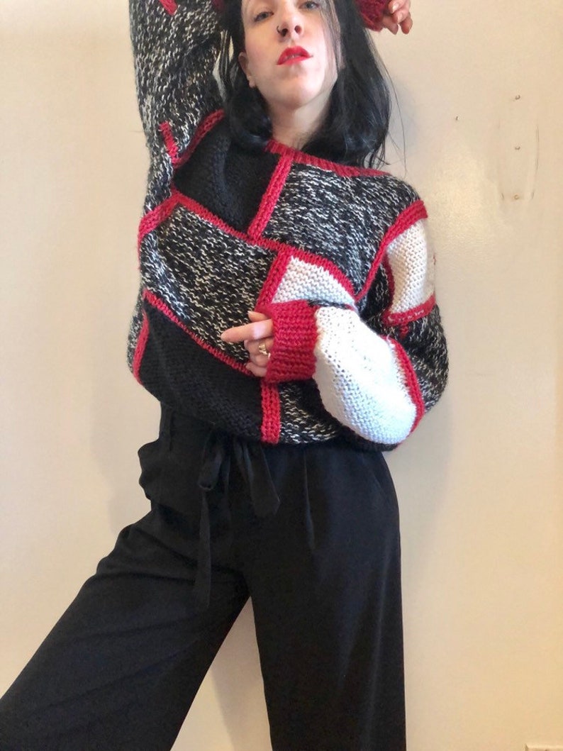abstract patchwork white black red pullover 90s cropped chunky knit sweater vintage - small medium