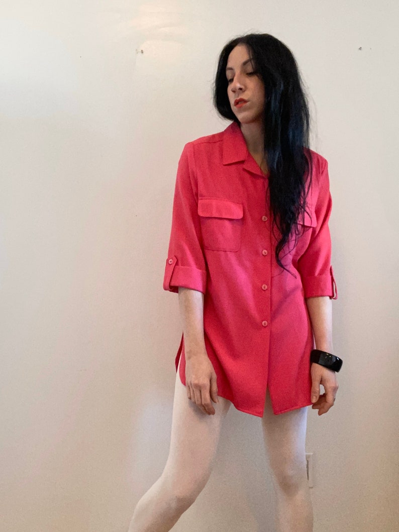 medium bright button-up t-shirt oversized dress vintage - 90s fuchsia pink blouson dress shirt slouchy fushia top