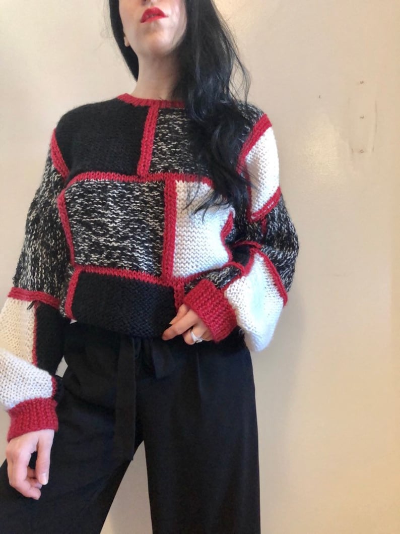 abstract patchwork white black red pullover 90s cropped chunky knit sweater vintage - small medium