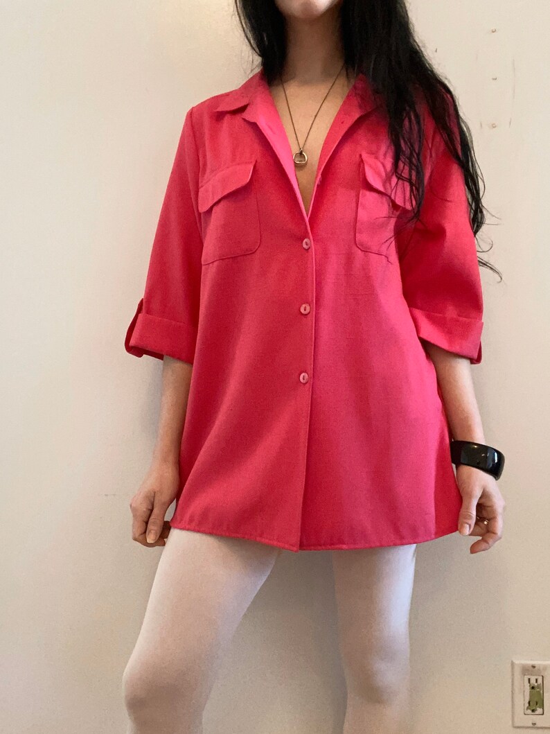 medium bright button-up t-shirt oversized dress vintage - 90s fuchsia pink blouson dress shirt slouchy fushia top
