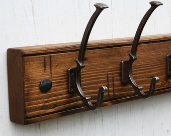 Wooden Coat Rack Rustic Vintage Victorian Cast Iron Hooks Solid Wood Handmade