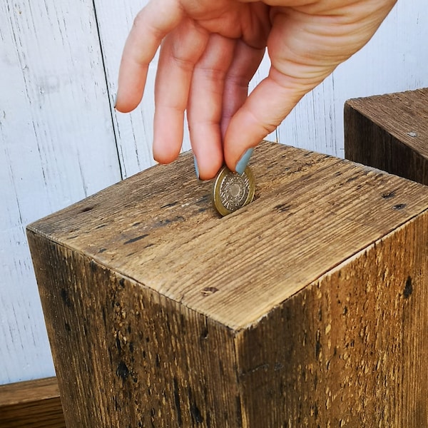 Reclaimed rustic Handmade natural Wooden large money box, coins piggy bank, Wedding savings, Original unique gift idea Doorstop Decor ECO