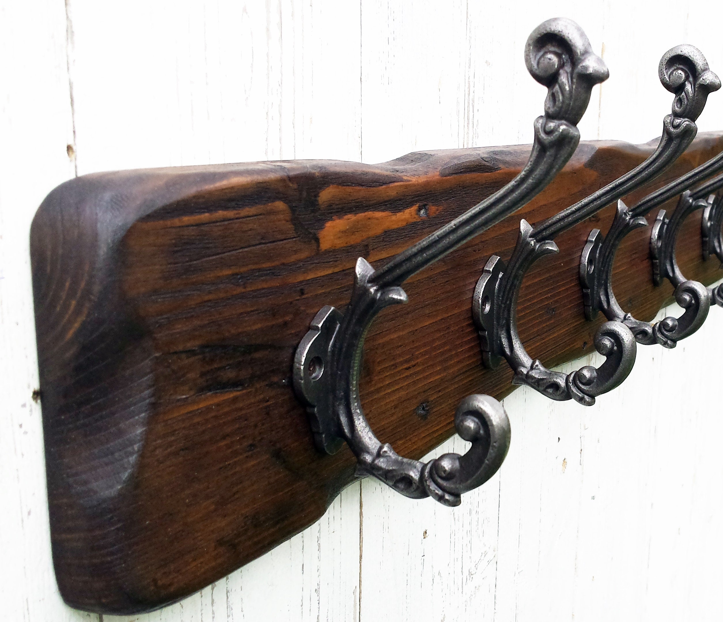 Handmade Reclaimed Wood Cottage Country Chic Rustic Coat and Hat Rack With  3,4,5,6,7,8,9 Cast Iron Hooks 