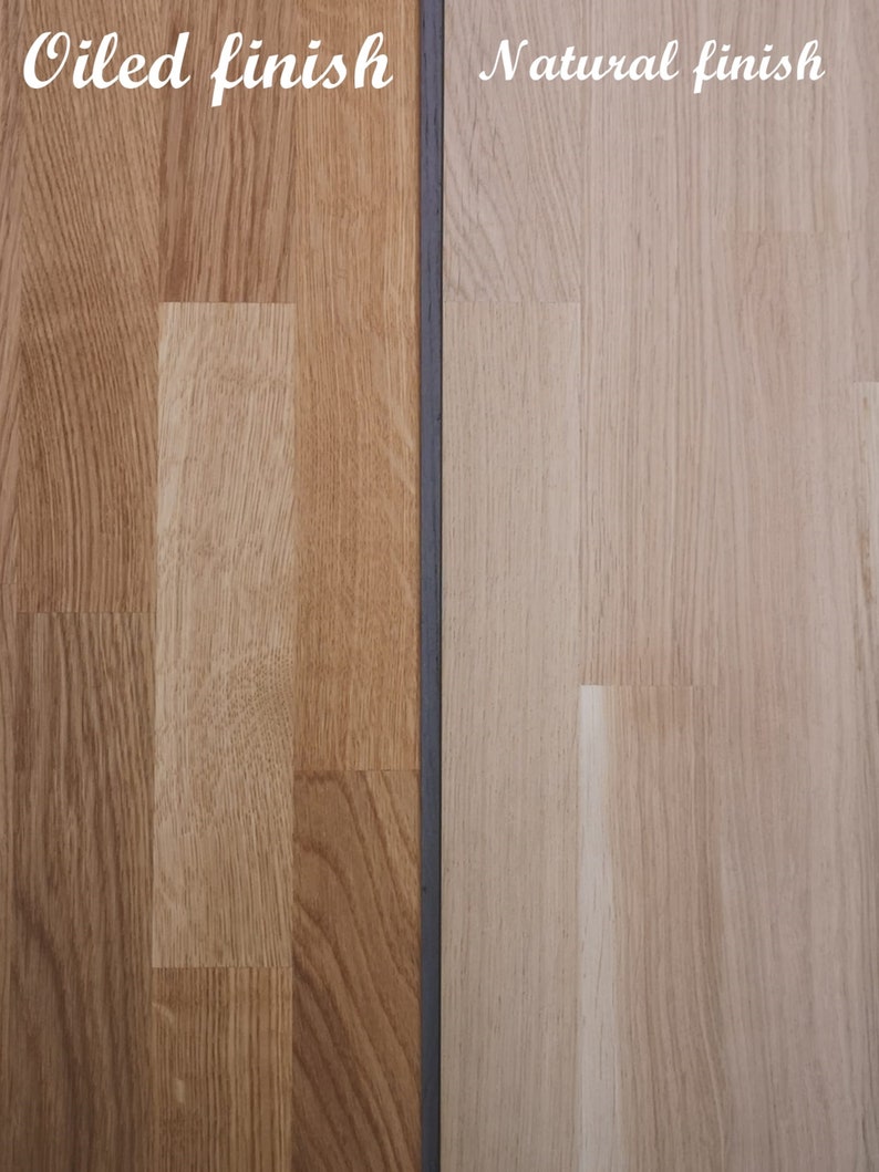 May include: Close-up of two wood samples, one with a natural finish and the other with an oiled finish. The wood is light brown and has a grain pattern. The text "Oiled finish" and "Natural finish" is written above each sample.