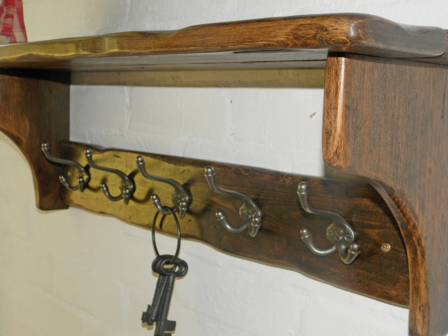 Handmade Reclaimed Solid Wood Cottage Chic Country Style Coat and Hat Rack  With Shelf and Your Choice of 3,4,5,6,7,8,9 Cast Iron Hooks 