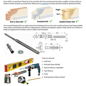 May include: Diagram showing how to install floating shelves on different types of walls, including brick, breezeblock, and studded partition walls. The diagram includes a list of tools needed for installation, such as a spirit level, drill, spanner, tape measure, pencil, and silicone sealant.