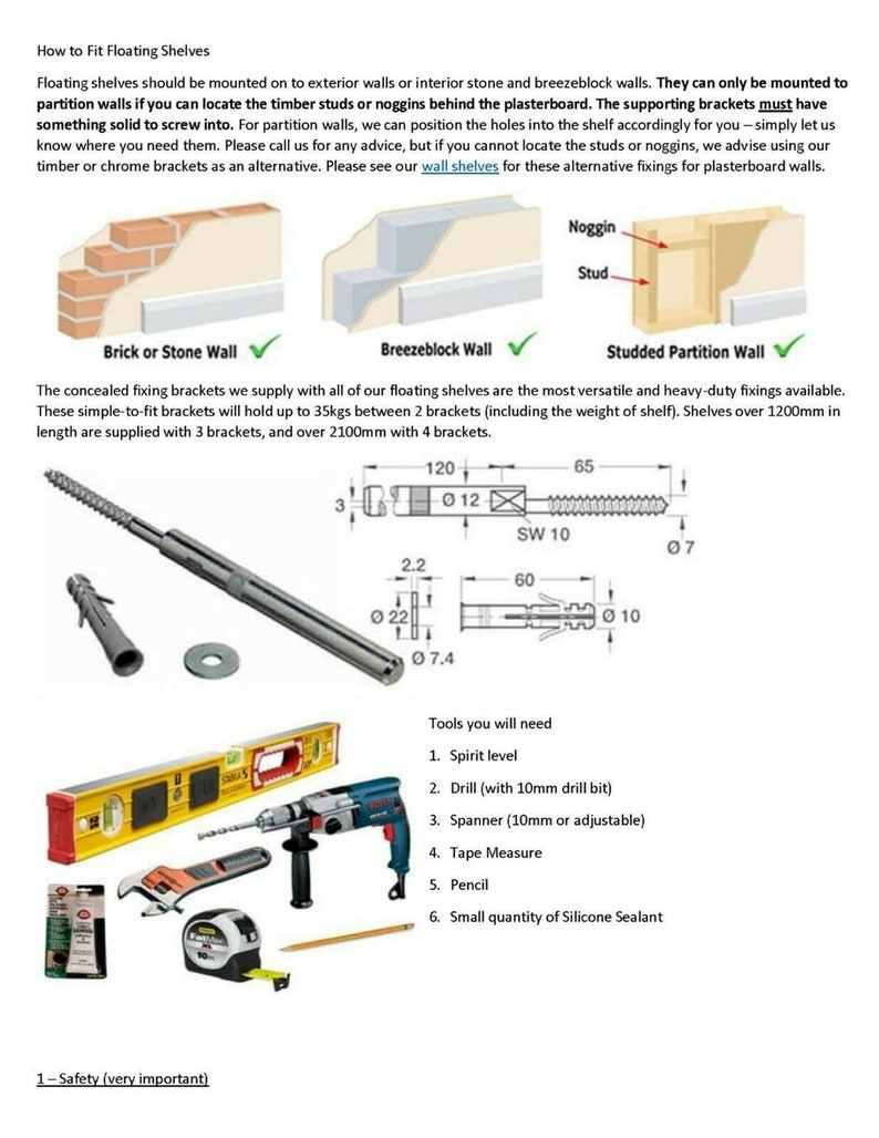 May include: Diagram showing how to install floating shelves on different types of walls, including brick, breezeblock, and studded partition walls. The diagram includes a list of tools needed for installation, such as a spirit level, drill, spanner, tape measure, pencil, and silicone sealant.