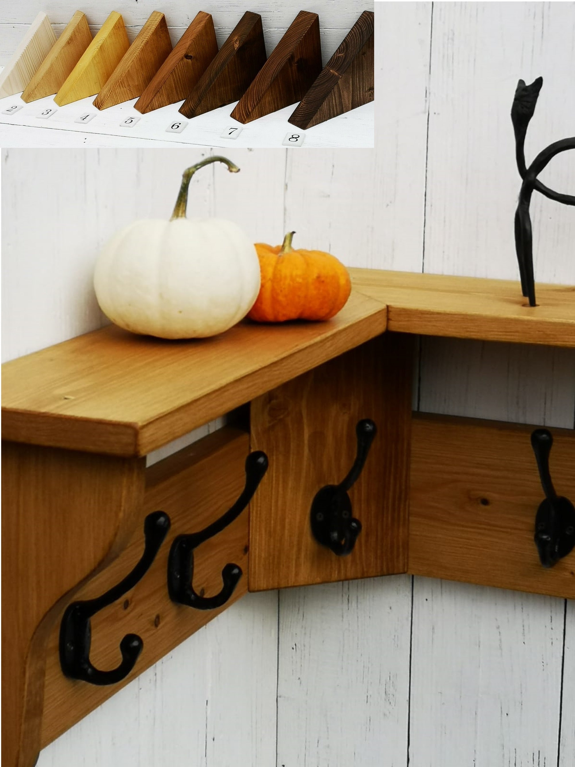 Hat Rack Corner Solid Wood Hat&coat CORNER Rack With Shelf Rustic Look, Cast Iron Hooks ...